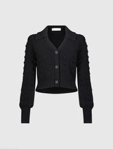 Black Cropped Bobble Cable Knit Button Up Cardigan Sweater